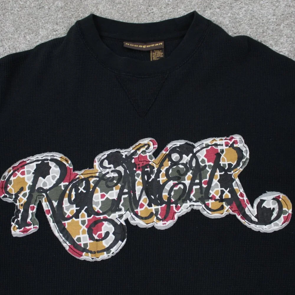 Rocawear Waffle Knit Shirt Adult 2XL XXL Black Long Sleeve Pullover‎ Crewneck